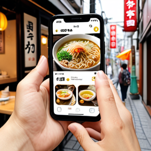 AR Restaurant Information**

Prompt: A bustling city street scene. A young woman holds up her smartphone, pointing it at a ramen restaurant. Augmented reality (AR) overlays appear on her screen: star ratings, menu items, customer reviews. The restaurant's sign is in Japanese (ラーメン). Focus on the AR integration and the blend of real and digital. Modern, vibrant style.

**