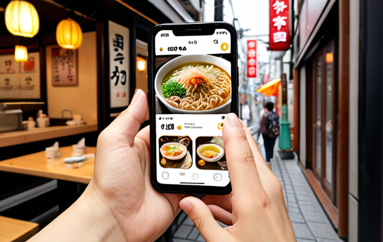 AR Restaurant Information**

Prompt: A bustling city street scene. A young woman holds up her smartphone, pointing it at a ramen restaurant. Augmented reality (AR) overlays appear on her screen: star ratings, menu items, customer reviews. The restaurant's sign is in Japanese (ラーメン). Focus on the AR integration and the blend of real and digital. Modern, vibrant style.

**