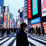 **

A bustling Shibuya street scene, but with digital projections overlaid onto real buildings and pedestrians. IoT sensors subtly visible on lampposts and storefronts. AR glasses worn by some pedestrians, displaying information about nearby shops and products. The overall mood is vibrant and futuristic, highlighting the fusion of the physical and digital worlds. Capture the energy of Tokyo with a modern twist, emphasizing data flow and augmented reality.

**