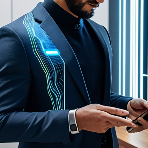 A professional individual in a modest, modern business suit, standing in a sophisticated, minimalist smart home environment. The person is gently interacting with an ethereal holographic interface that displays seamlessly integrated data streams originating from a sleek smartwatch on their wrist and a smartphone held in their hand. Subtle glowing lines of light represent the flow of real-time data, creating a visual metaphor for a "digital twin" being formed from their everyday actions. The scene emphasizes seamless connectivity and advanced technology. fully clothed, appropriate attire, safe for work, professional, perfect anatomy, correct proportions, natural pose, well-formed hands, proper finger count, natural body proportions, high-quality digital art, futuristic, detailed, cinematic lighting.