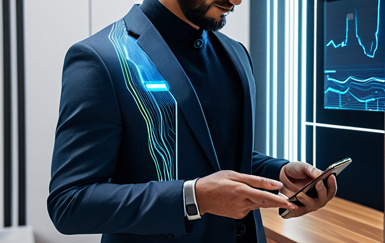 A professional individual in a modest, modern business suit, standing in a sophisticated, minimalist smart home environment. The person is gently interacting with an ethereal holographic interface that displays seamlessly integrated data streams originating from a sleek smartwatch on their wrist and a smartphone held in their hand. Subtle glowing lines of light represent the flow of real-time data, creating a visual metaphor for a "digital twin" being formed from their everyday actions. The scene emphasizes seamless connectivity and advanced technology. fully clothed, appropriate attire, safe for work, professional, perfect anatomy, correct proportions, natural pose, well-formed hands, proper finger count, natural body proportions, high-quality digital art, futuristic, detailed, cinematic lighting.