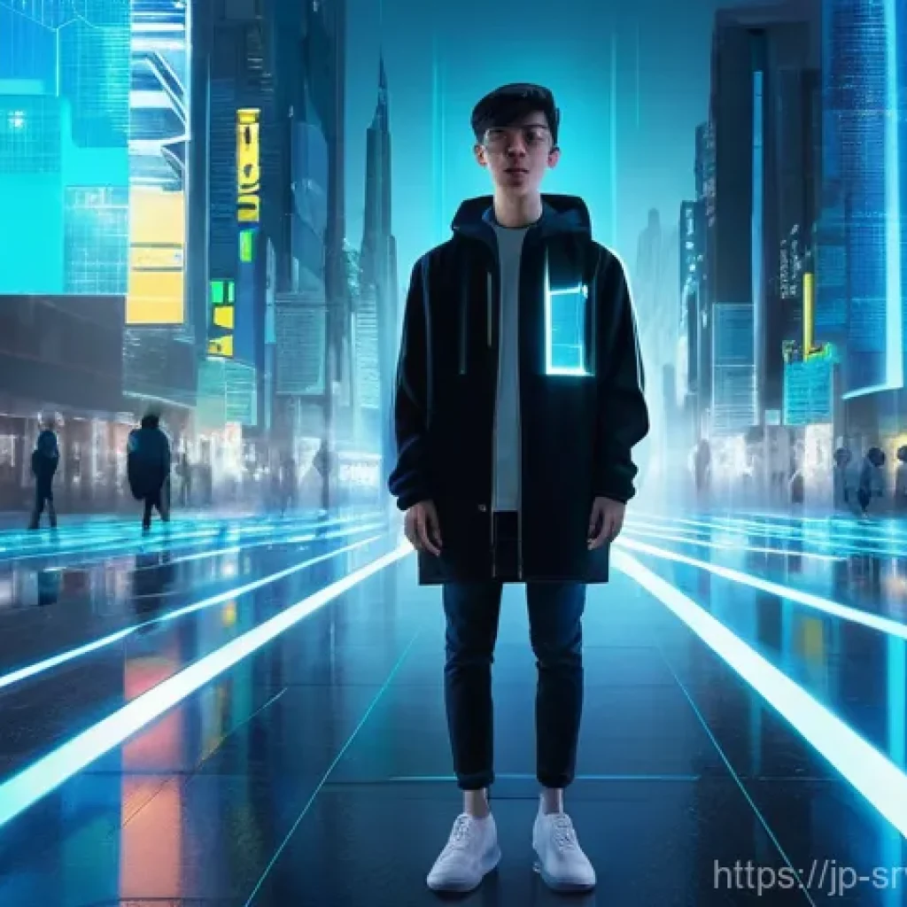 역메타버스 서비스의 보안 위험 - **Prompt:** A young adult, dressed in contemporary, modest streetwear, stands on a futuristic city s...