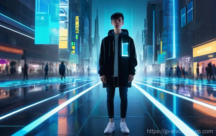 역메타버스 서비스의 보안 위험 - **Prompt:** A young adult, dressed in contemporary, modest streetwear, stands on a futuristic city s...