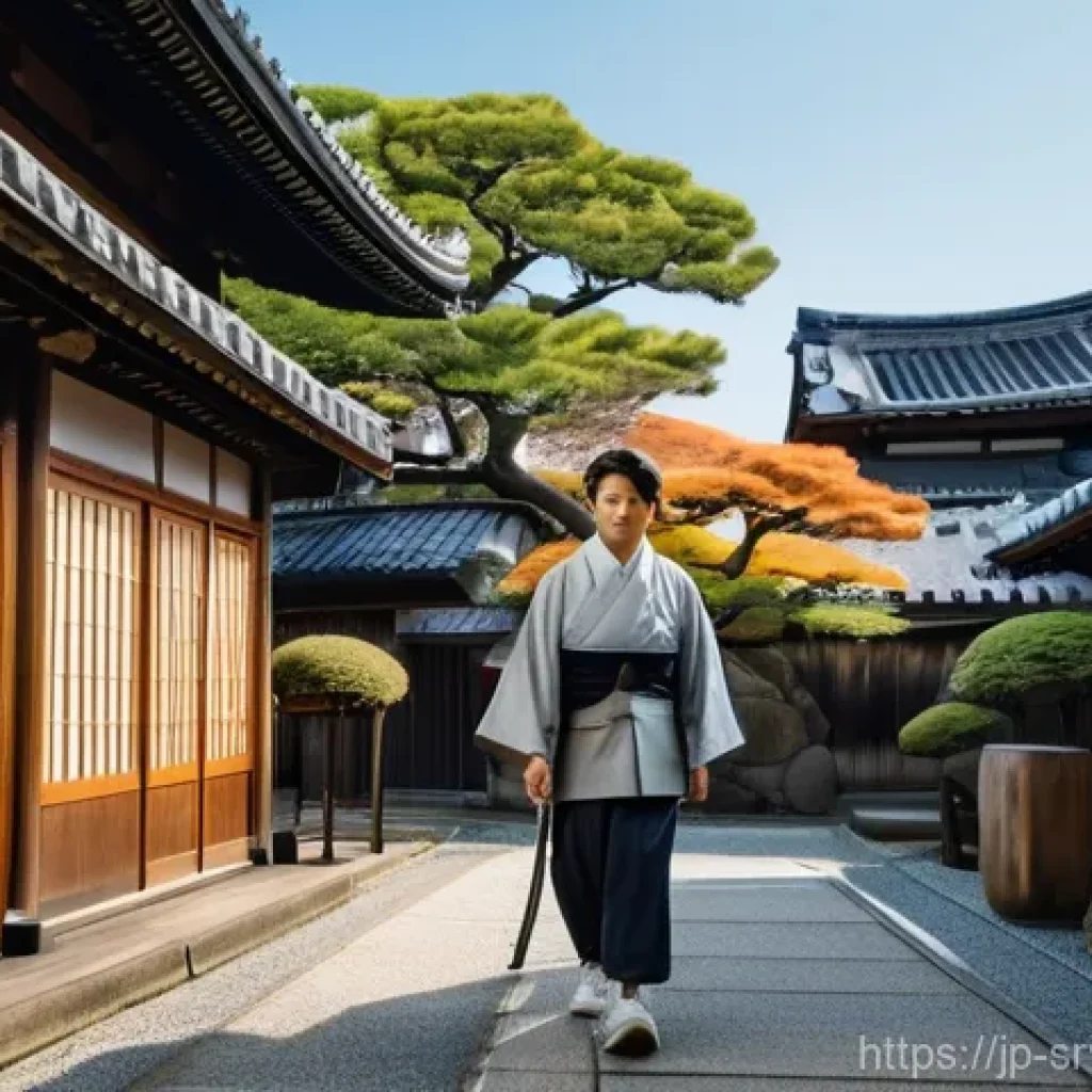 역메타버스 서비스의 인사이트 도출 - A vibrant, sunlit street in a historic Japanese city, bustling with casually dressed pedestrians. In...