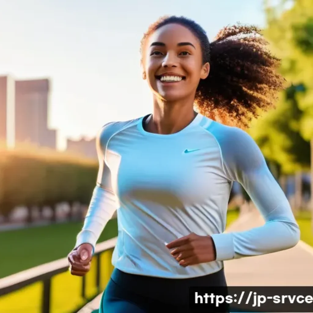역메타버스 서비스의 실시간 피드백 시스템 - **Prompt:** A young woman in her late 20s, with a radiant smile, is joyfully jogging through a futur...