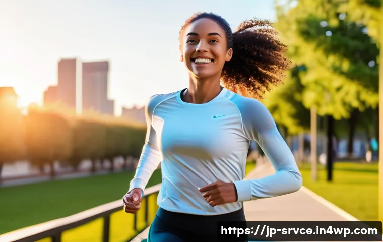 역메타버스 서비스의 실시간 피드백 시스템 - **Prompt:** A young woman in her late 20s, with a radiant smile, is joyfully jogging through a futur...