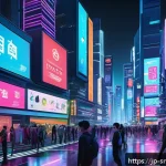역메타버스와 NFT의 상관관계 - A futuristic digital metropolis inside a metaverse platform showcasing a vibrant, reverse-flow digit...