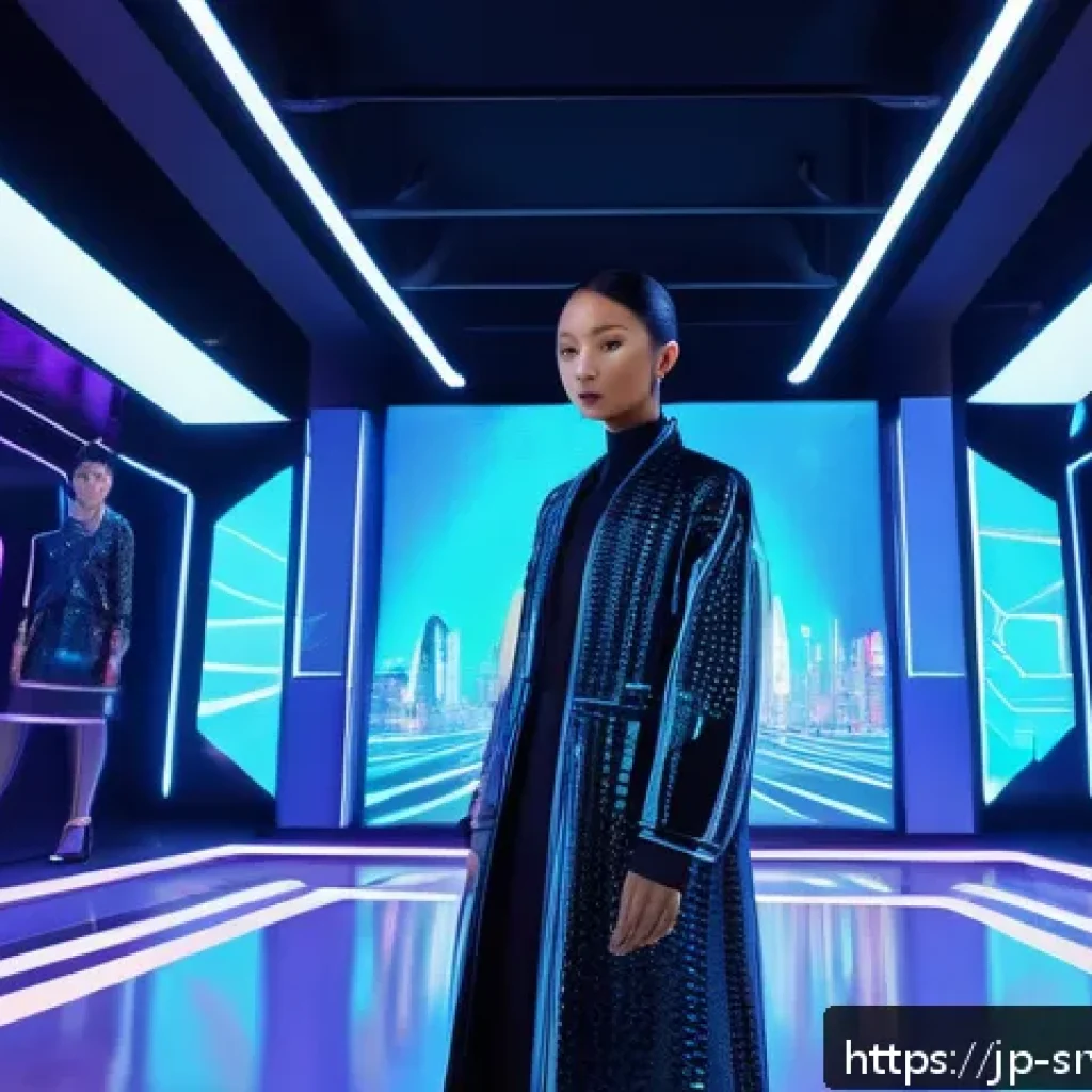 역메타버스 서비스의 브랜드 전략 - A futuristic digital fashion show scene inside a reverse metaverse environment, featuring diverse av...