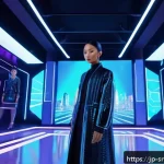 역메타버스 서비스의 브랜드 전략 - A futuristic digital fashion show scene inside a reverse metaverse environment, featuring diverse av...