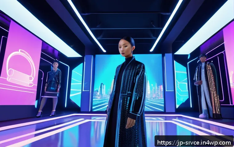 역메타버스 서비스의 브랜드 전략 - A futuristic digital fashion show scene inside a reverse metaverse environment, featuring diverse av...