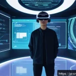 역메타버스 서비스에 대한 법적 고려 사항 - A futuristic virtual reality scene depicting a diverse group of users interacting safely within a me...