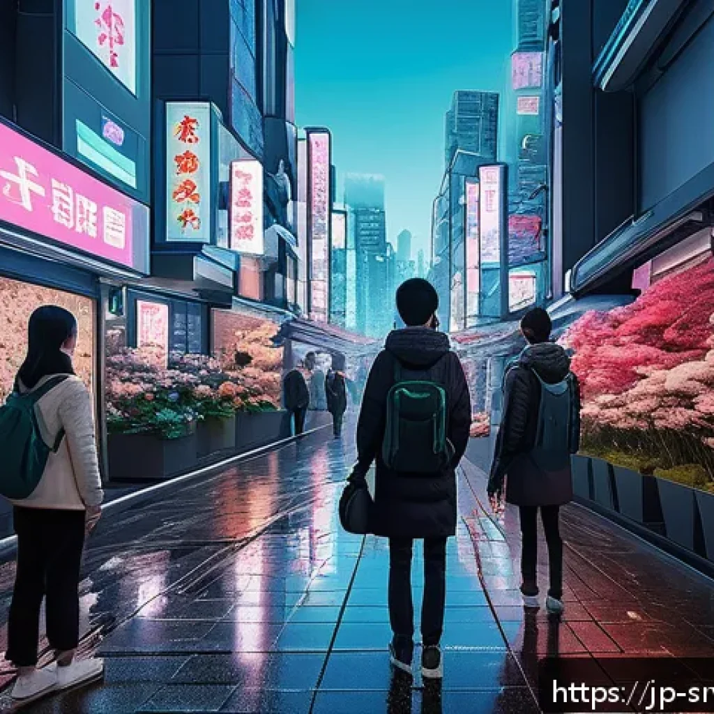역메타버스 서비스의 미래 전망 - A futuristic urban street scene blending real and virtual elements, showcasing a vibrant reverse met...