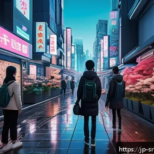 역메타버스 서비스의 미래 전망 - A futuristic urban street scene blending real and virtual elements, showcasing a vibrant reverse met...