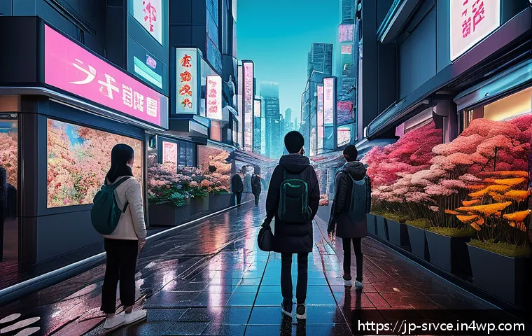 역메타버스 서비스의 미래 전망 - A futuristic urban street scene blending real and virtual elements, showcasing a vibrant reverse met...