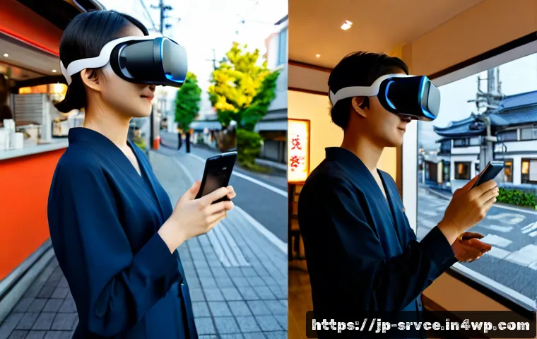 역메타버스와 전통 메타버스의 차이 - Photorealistic split-scene comparison, left side a person wearing a sleek VR headset immersed in a l...